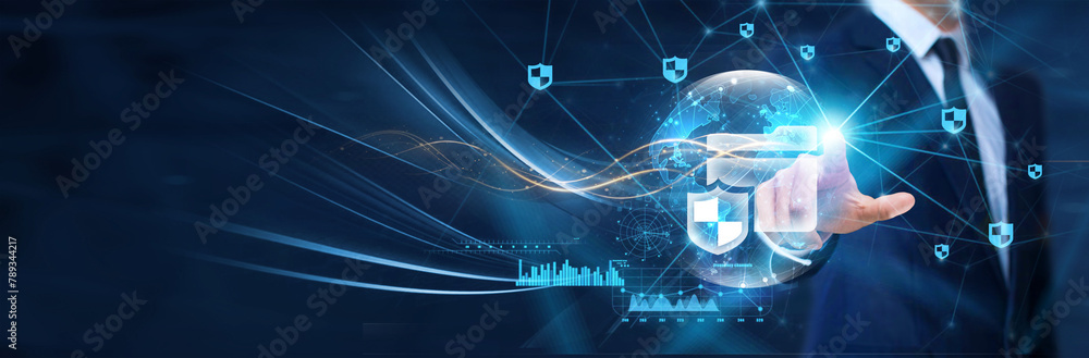 Poster data protection technology, businessman touches the data protection icon on the structure global net