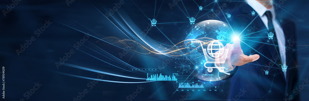 Poster e-commerce technology, businessman touch the e-commerce icon on global network structure. e-commerce