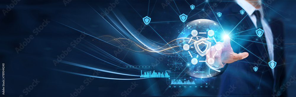 Poster ensuring technology, businessman touch the network security icon on the global network structure. st