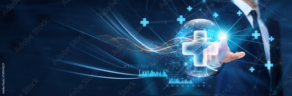 Poster health it technology, businessman touch the health icon on the structure of the global network. ensu