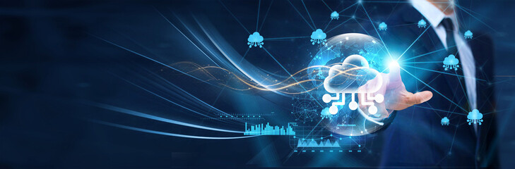 Cloud computing technology, Businessman touch the cloud icon on the global network structure. Leveraging the secure infrastructure of business operations in the era of global connectedness.