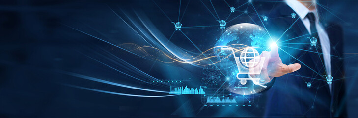 E-commerce technology, Businessman touch the e-commerce icon on global network structure. E-commerce ensures the secure flow of business transactions in the era of global connected commerce.