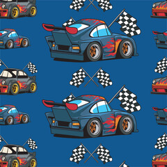 Vector Illustration of Mini Cars with Fire Motif and Flags with Vintage Illustration Available for Pattern
