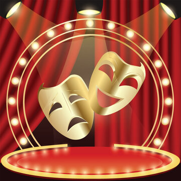 The golden masks of tragedy and comedy against a backdrop of red theater curtains and stage lights.