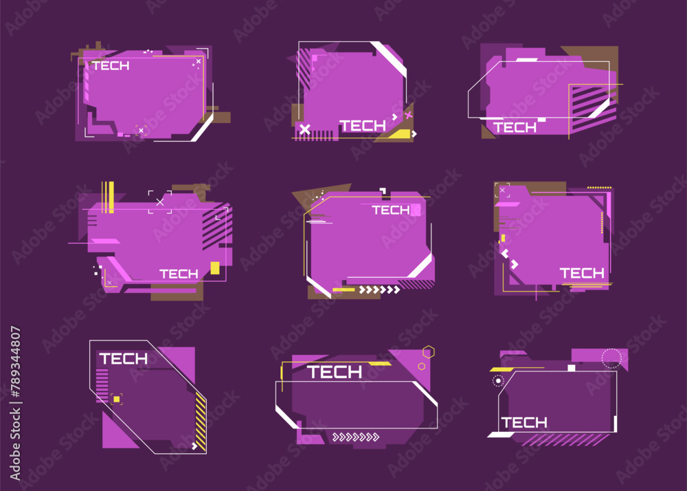 Poster modern technology banners collection in cyberpunk style. abstract sci-fi text boxes with glitch effe
