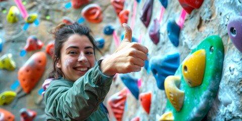 young athletic woman wearing sportswear climbing wall indoors, smiling portrait holding thumbs up