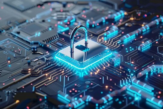 cybersecurity strategies futuristic digital padlock and circuit board conceptual 3d render
