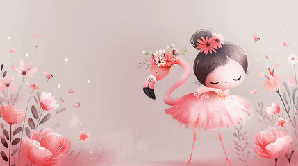 Cute ballerina ballet girl baby flamingo with flower, generative ai
