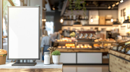 Blank advertising mockup board for advertisement at the bakery shop.