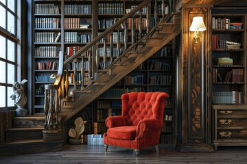 Library under the stairs with a red armchair in the english style. 3d rendering.