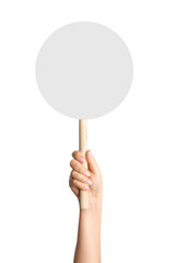Hand holding wooden stick or blank protest sign on blank background