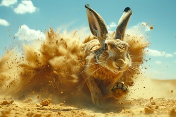 A close-up of a jackrabbit running through the desert at high speed, kicking up a huge cloud of dust behind it. - obrazy, fototapety, plakaty