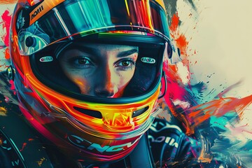 determined female racing driver portrait with dynamic abstract shapes and vivid colors
