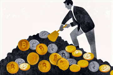 Businessman digging and mining Bitcoins to find treasure illustration