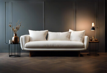 dry wood black front sofa vase white wall nobody furniture interior grey comfortable home room indoor modern elegance seat leather design luxury floor horizontal