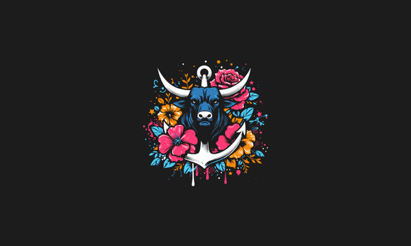 bull with flowers and anchor vector artwork design