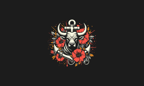 bull with flowers and anchor vector artwork design