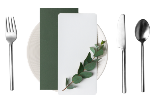 Table setting png, digital sticker, green and white wedding menu