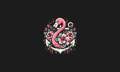 flamingo with flowers and anchor vector artwork design