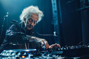 Old dj woman in black playing music
