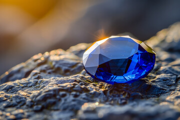 Blue sapphire on black stone background
