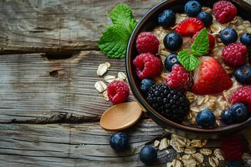 Top view of bowl with oatmeal with berries on table