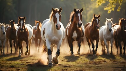  American Paint Horse in the Herd and Running, Realistic Photography, Naturalism, No specific artist, Camera: Canon EOS 5D Mark IV, Lens: 70-200mm, Shot: Medium shot, Render: High resolution, Detailed