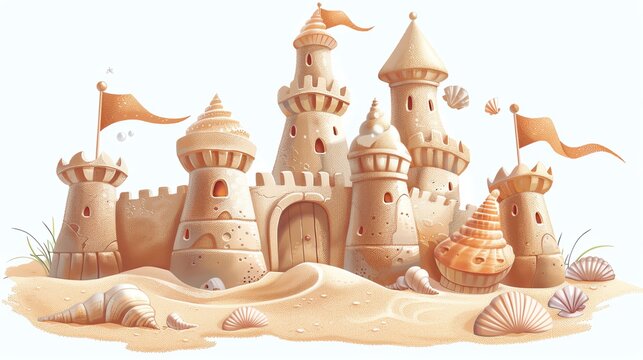 sandcastle on beach with flags and seashells clip art preview
