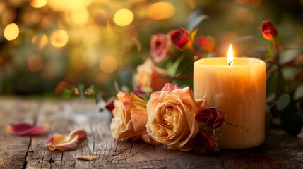 Obraz na płótnie Canvas Warm Candle Glow Amidst Roses at Twilight