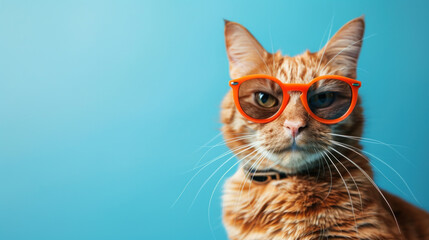 portrait of a funny ginger cat in orange sunglasses isolated on a blue background
