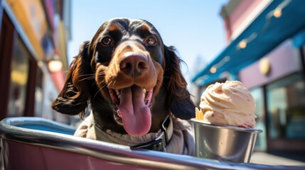 the joyous moment of a Dachshund dog savoring a scoop of vanilla ice cream on a sunny day