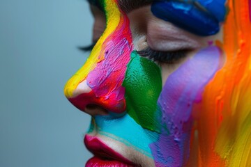 Side profile of a person with their face painted in thick, colorful stripes, reflecting a bold and...