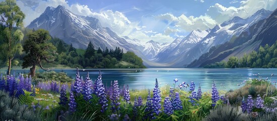 Beautiful lake surrounded by majestic mountains with lupins in full bloom.