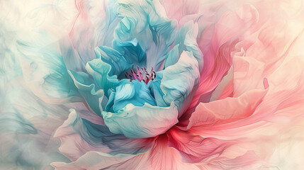 Delicate petals of pink and turquoise unfurl in a watercolor bloom. 