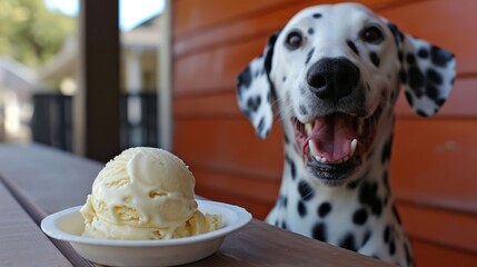 the joyous moment of a Dalmatian Dog savoring a scoop of vanilla ice cream on a sunny day - obrazy, fototapety, plakaty