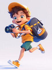 A 3D cartoon boy travels with a backpack and a camera
