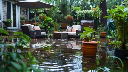 Fototapeta na wymiar A flooded garden patio with outdoor furniture submerged and potted plants floating, showcasing the garden's transformation into a pond