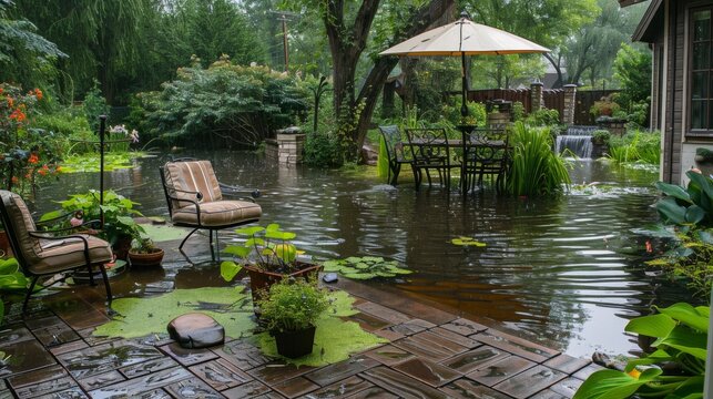 A flooded garden patio with outdoor furniture submerged and potted plants floating, showcasing the garden's transformation into a pond