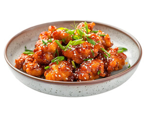 sesame chicken in plate on transparent background