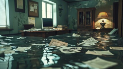 A home office deeply flooded, with a desk and computer submerged, paperwork floating and spreading ink into the surrounding water