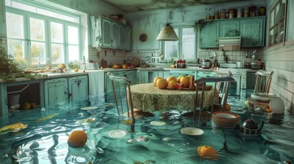 A kitchen scene where chairs float around a submerged table, with dishes and a tipped-over fruit bowl creating a chaotic atmosphere