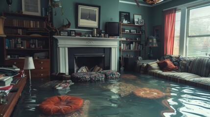 A living room with a fireplace, the mantel decor and family memorabilia submerged, couch cushions and throw pillows floating around