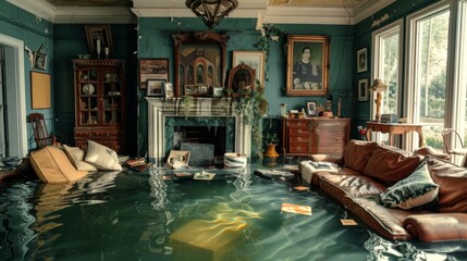 A living room with a fireplace, the mantel decor and family memorabilia submerged, couch cushions and throw pillows floating around - obrazy, fototapety, plakaty