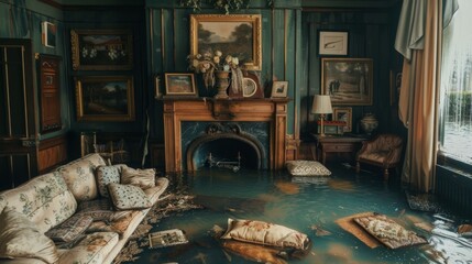 A living room with a fireplace, the mantel decor and family memorabilia submerged, couch cushions and throw pillows floating around