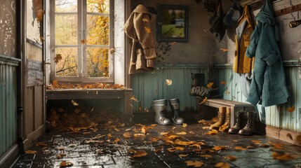 A mudroom with boots and coats floating, the water muddy and leaves and twigs from outside adding to the clutter - obrazy, fototapety, plakaty