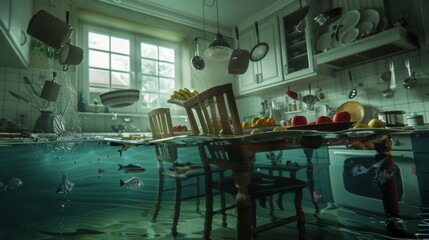 A kitchen scene where chairs float around a submerged table, with dishes and a tipped-over fruit bowl creating a chaotic atmosphere
