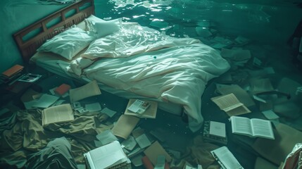 An image of a bedroom submerged in murky water, the bed floating and tilted, with clothes and books scattered across the water's surface