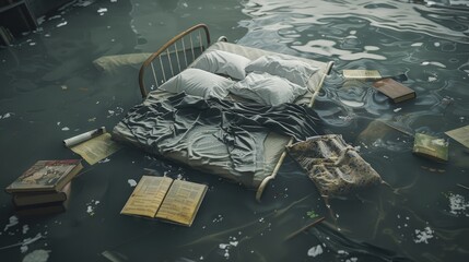 An image of a bedroom submerged in murky water, the bed floating and tilted, with clothes and books scattered across the water's surface