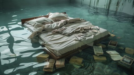 An image of a bedroom submerged in murky water, the bed floating and tilted, with clothes and books scattered across the water's surface - obrazy, fototapety, plakaty
