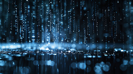 Abstract blue digital rain with bokeh effect
